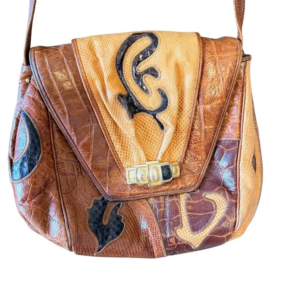 Sharif Vintage Leather Crossbody Bag Snakeskin Croc Embossed Brown USA Retro - Picture 4 of 16